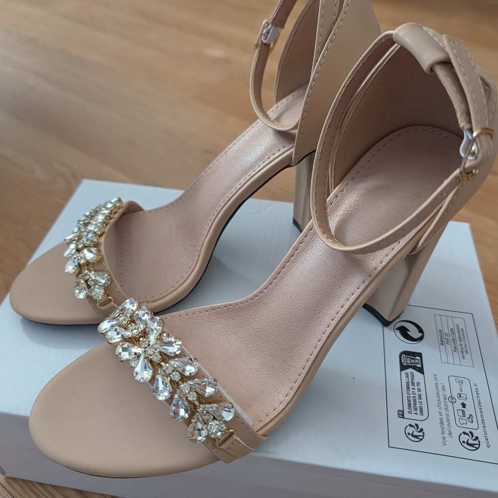 Elegant Beige Crystal-Embellished Block Heel Sandals